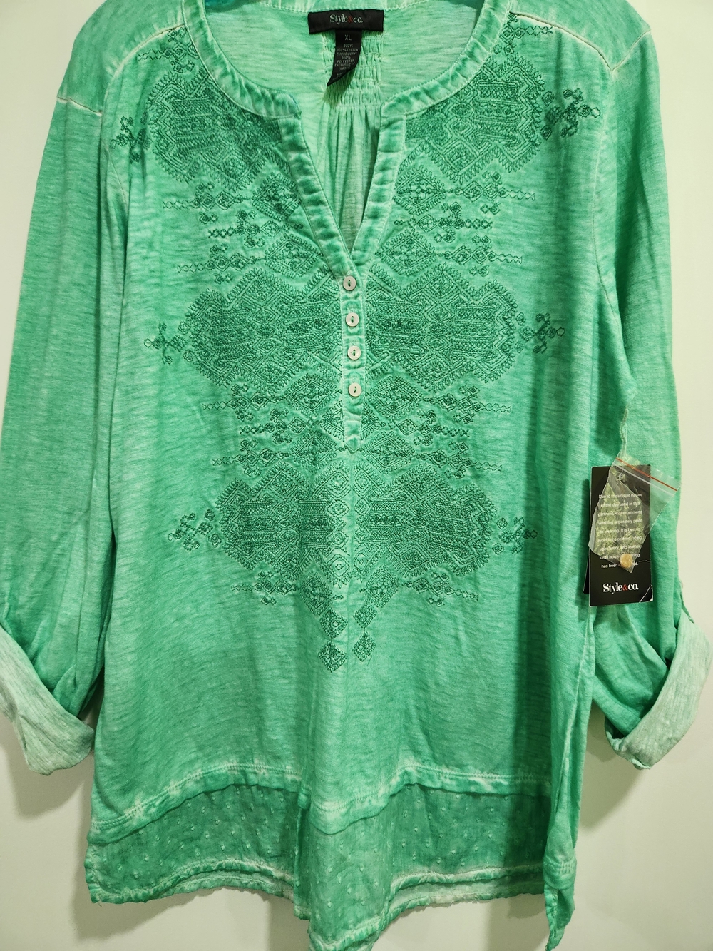 Style & Co. Mint Green Embroidered Henley Tunic